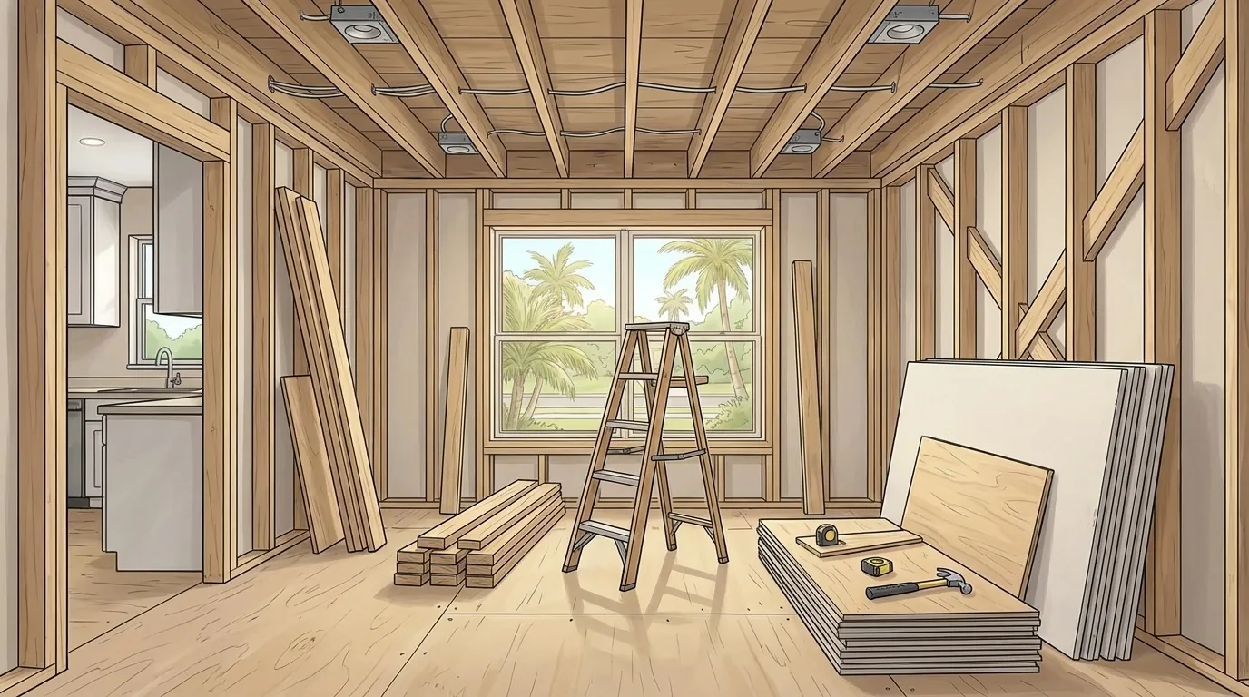 Illustration of a gutted room before restoration